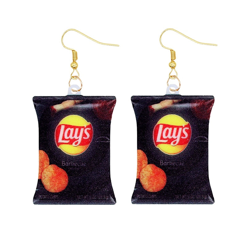 Lays Black Bag Chips Bag Funny Design Drop Earrings Women Charms Earring Fashion