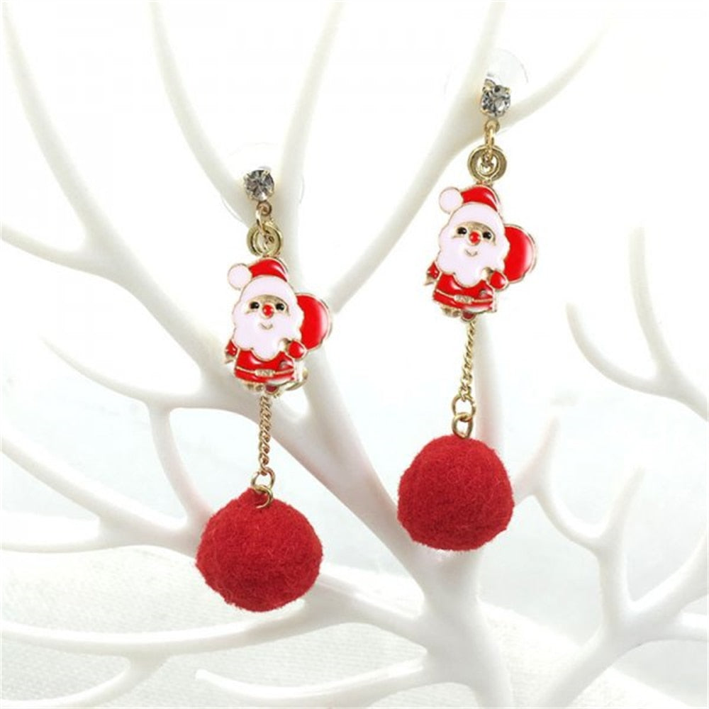 Santa and Fluffy Ball Drop Earrings Women Party Cute Art Jewelry Dangle Gifts