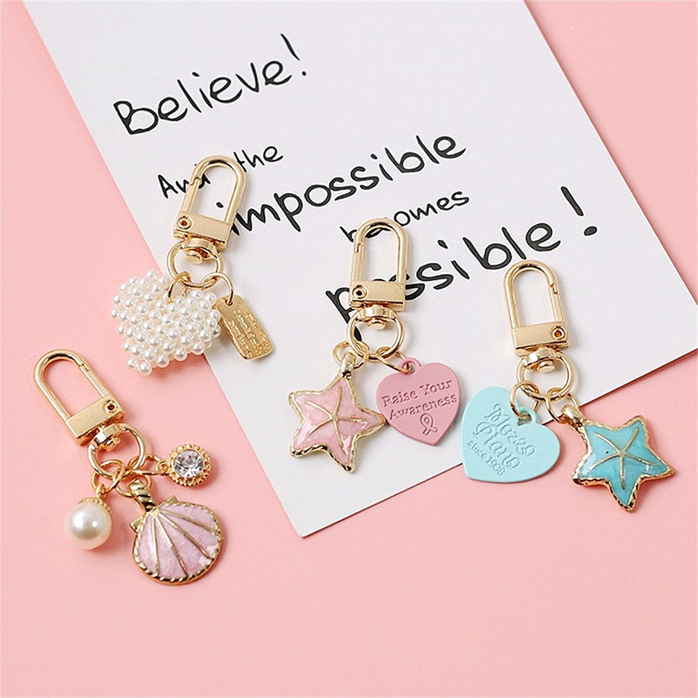 4 Styles Sea Star Scallop Hear Decor Keychain Charms Headphone Case Pendant