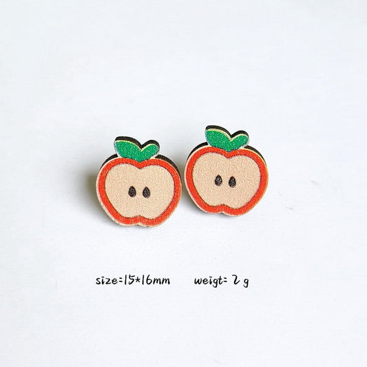 Wooden Cartoon Cut Apple Stud Charm Earrings For Women Girl Fashion Modern