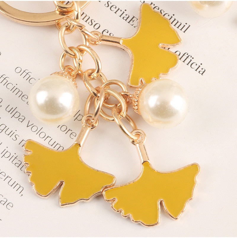 1pcs Pearl Leaf Alloy Keychain For Women Car Key Holder Apricot Leaf Pendant