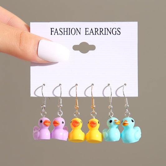 3 Pairs Colorful Ducky Pendant Drop Earrings Fashion Women Summer Party Jewelry