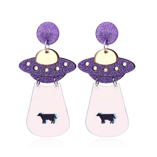 Purple Glitter Spaceship Drop Earrings Women Creativity Jewelry Cute Earring