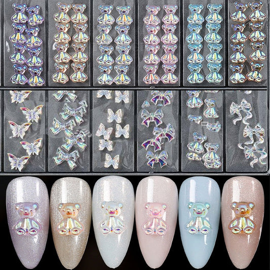 24 Styles 3D Aurora Bear Butterfly Nail Art Accessories Resin Flat Back White