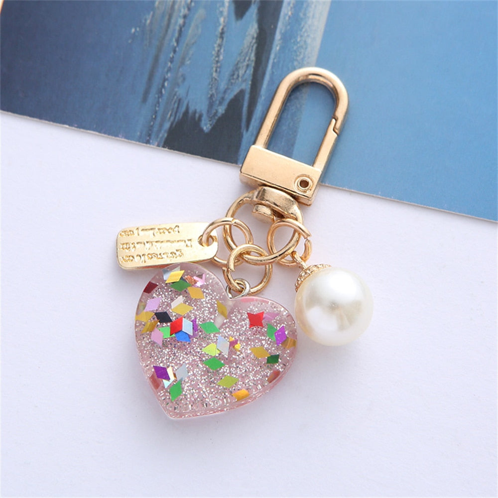 5 Styles Cute Resin Heart Key Chain Colorful Sequins Filled Keychain with Pearl