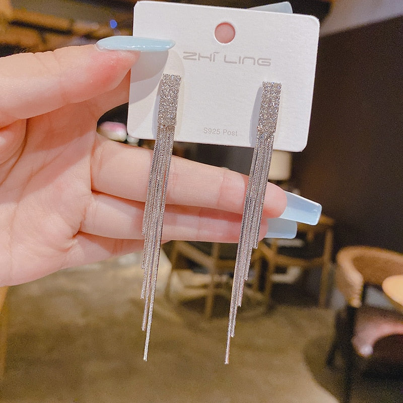 Layered Rhinestone Tassel Drop Earrings Women Party Wedding Jewelry Dangle Gifts