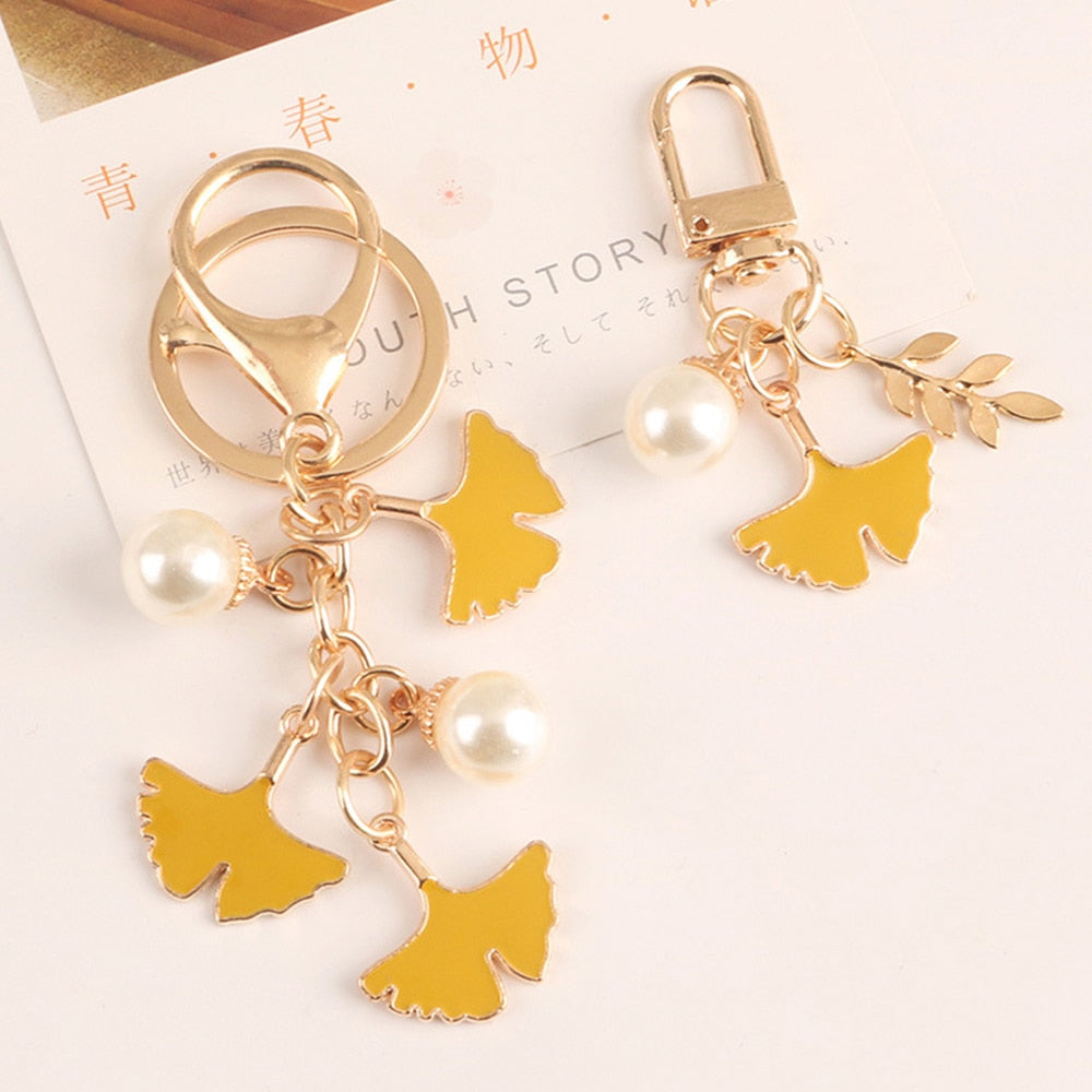 1pcs Pearl Leaf Alloy Keychain For Women Car Key Holder Apricot Leaf Pendant