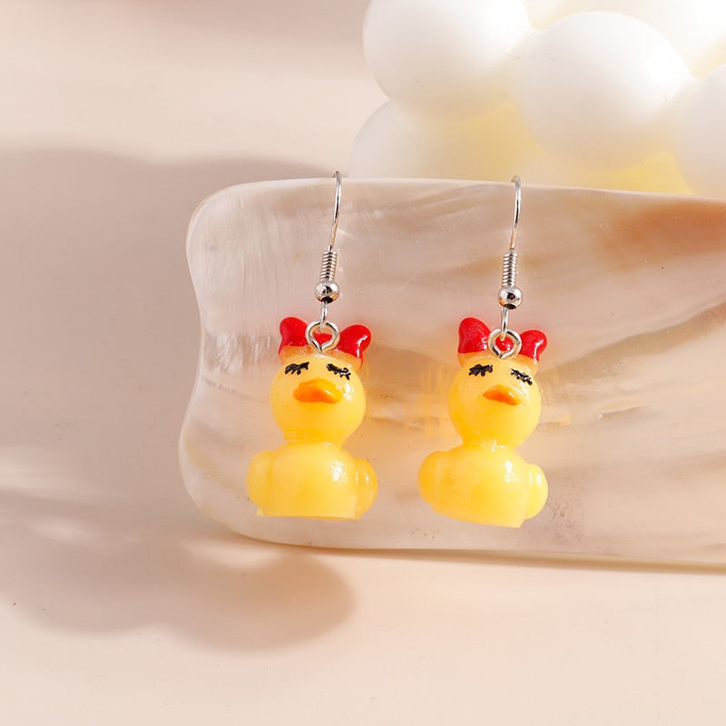 Yellow Duck Ducky with Bow Dangle Earrings Women Gifts Earring Cute Girls