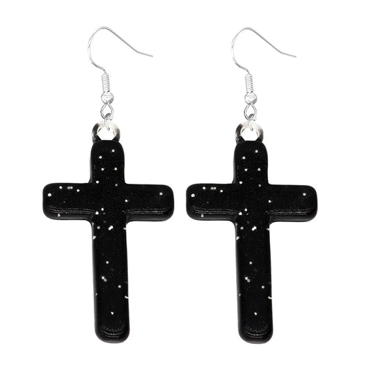 Black Glitter Cross Drop Earrings Women Art Fashion Cartoon Earrings Creative