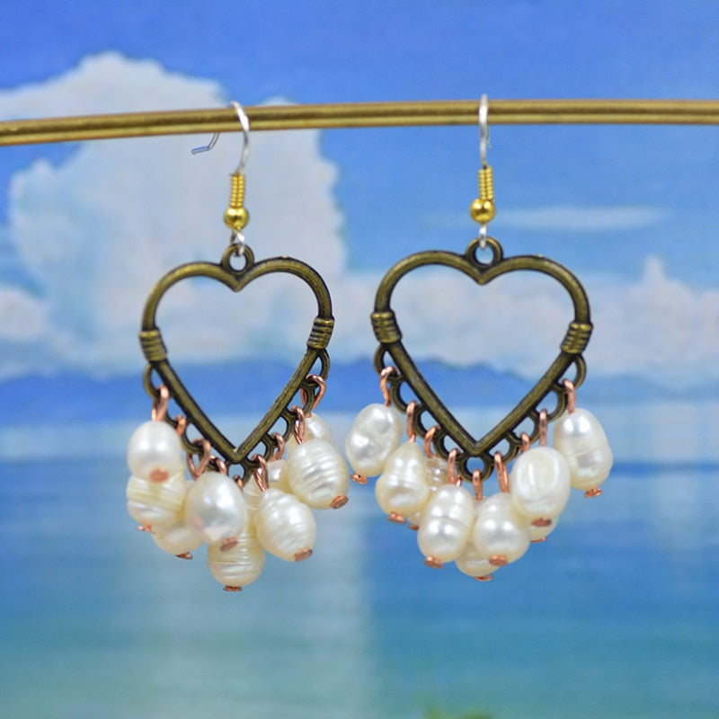 Pearl Beads Heart Dangle Earrings Women Fashion Modern Accessories Cute Stylish