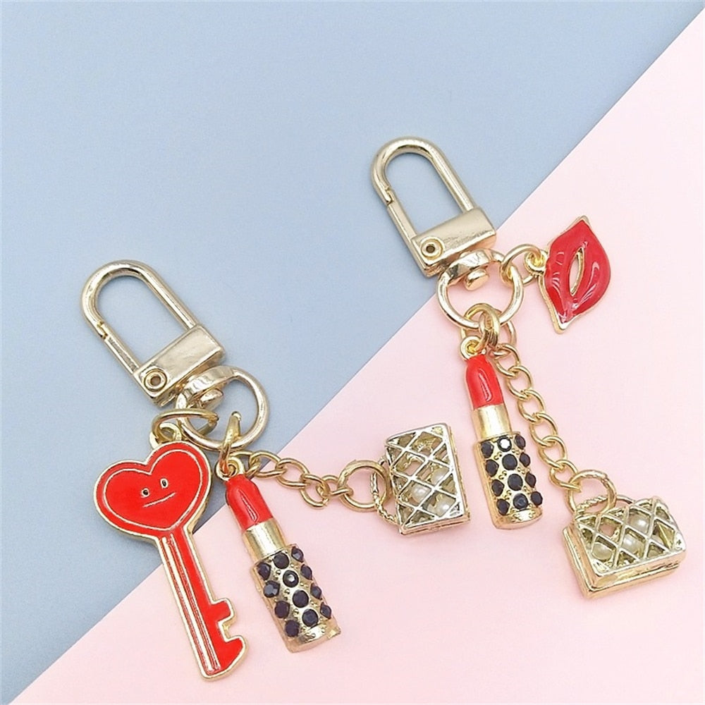 2 Styles Rhinestone Lipstick Bag Key Lips Decor Handbag Shape Keychain Lip Alloy