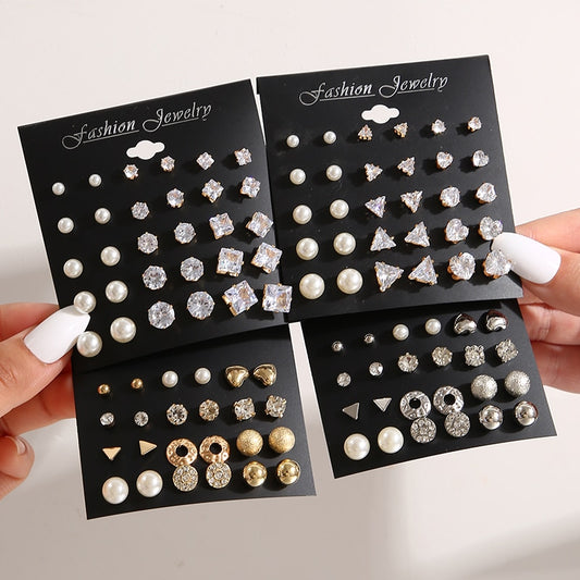 15 Pairs Pearl Round Square Stud Earrings Women Gifts Earring Cute Girls Eardrop