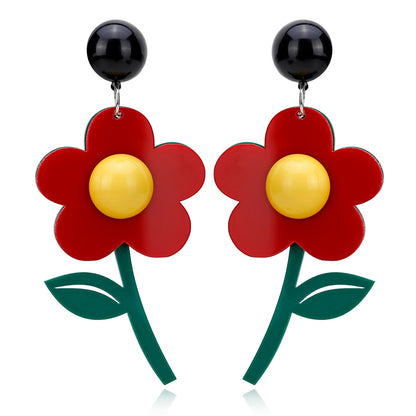 Red Flower Acrylic Drop Earrings Women Travel Fashion Cartoon Earrings Creative