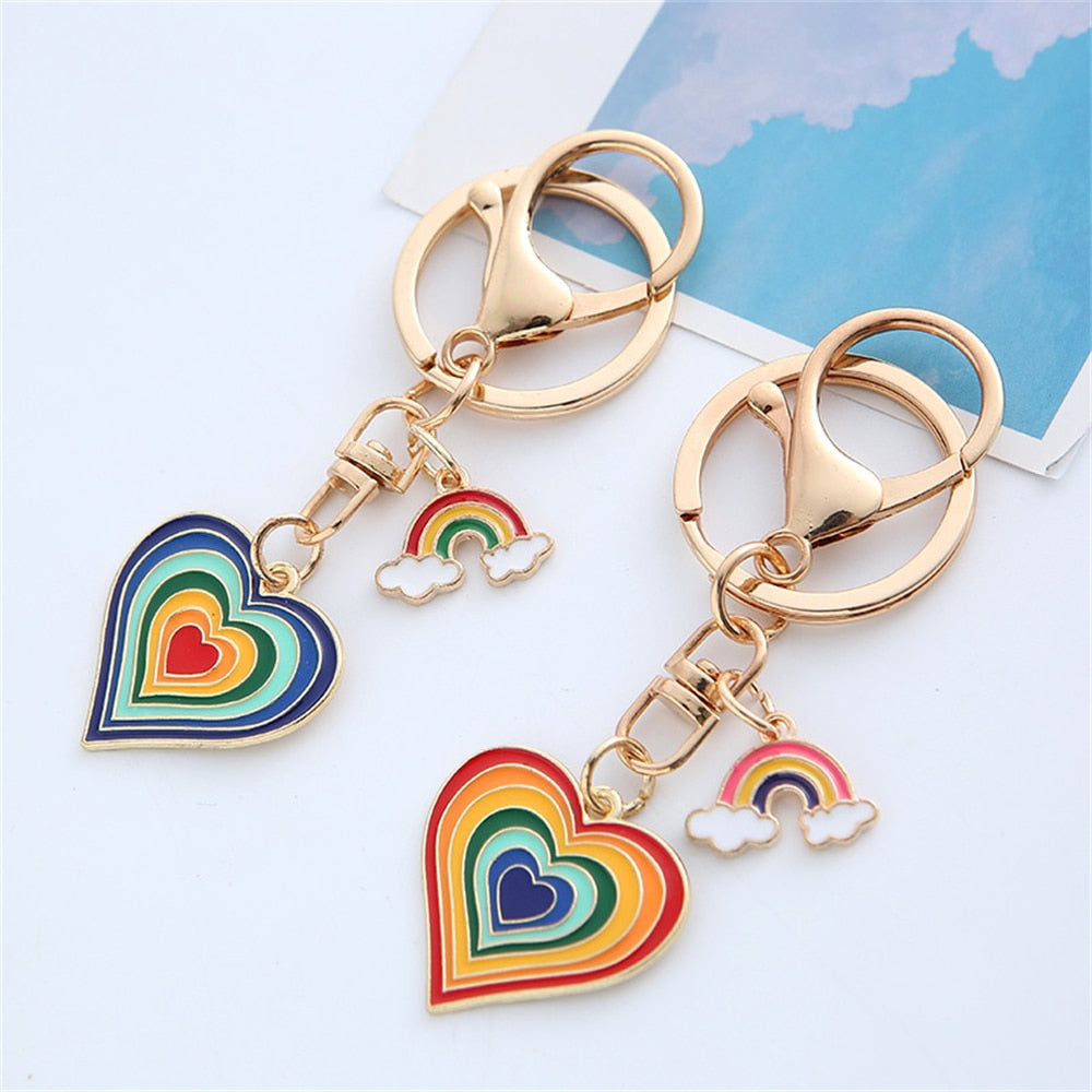 2 Styles Alloy Heart Rainbow Charms Keychain Couple Keyring Love Gift Woemn Bag