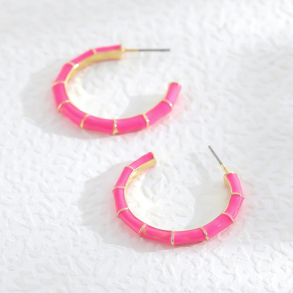 Pink Bamboo Style Hoop Earrings Hip Hop Women Party Gift Jewelry Ear Fashion