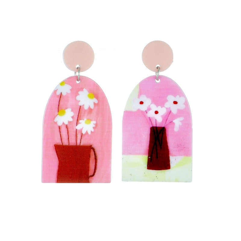 Flowers in Pot Drop Earrings Women Travel Fashion Cartoon Earrings Creative