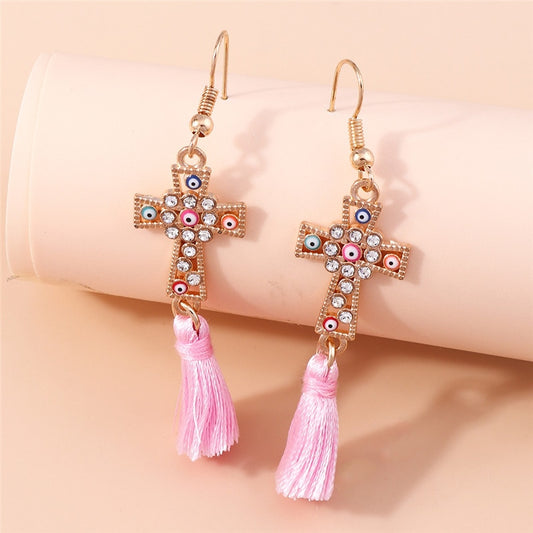 Pink Tassel Cross Dangle Drop Earrings Women Charms Earring Fashion Creative