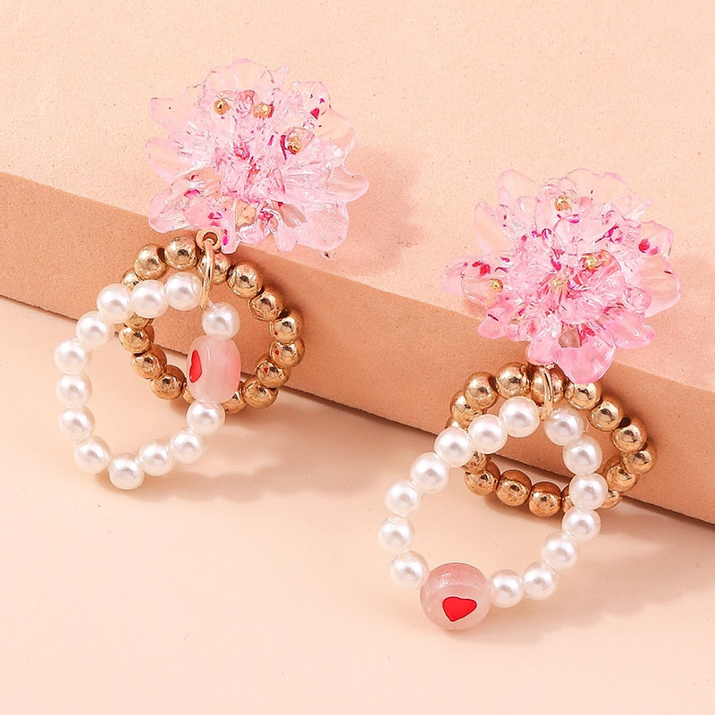 Pink Flower Beads Drop Earrings Women Creativity Jewelry Cute Earring Girls Gift