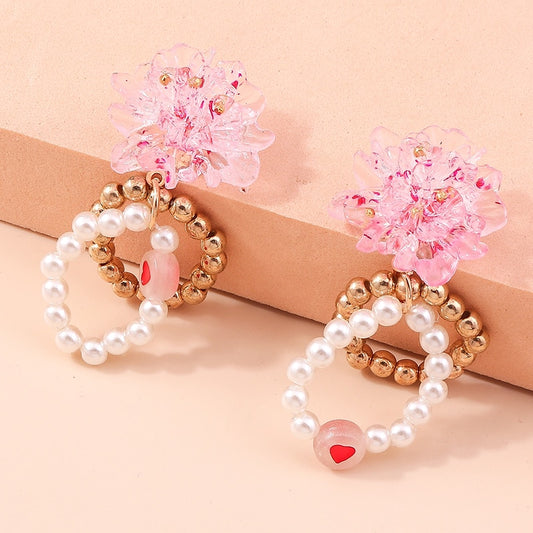 Pink Flower Beads Drop Earrings Women Creativity Jewelry Cute Earring Girls Gift