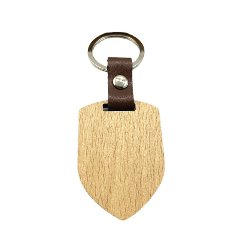 10 Styles Wooden Keychain Geometric House Car Shape Leather Wood Keyring Bag