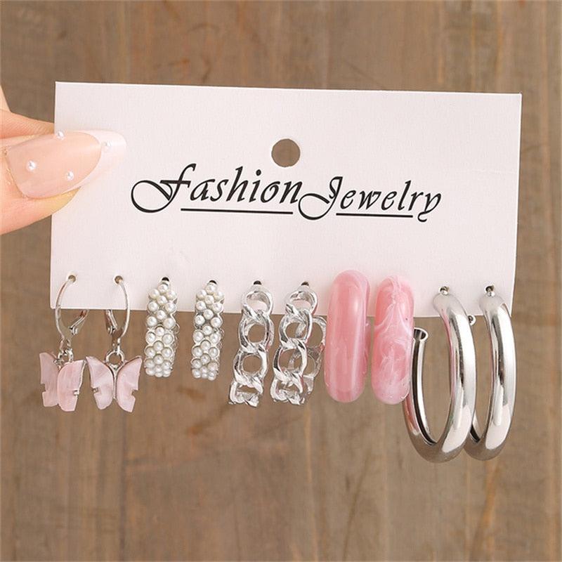 6 Styles 5-6 Pairs Set Butterfly Pearl Hoop Drop Dangle Earrings Trendy Women