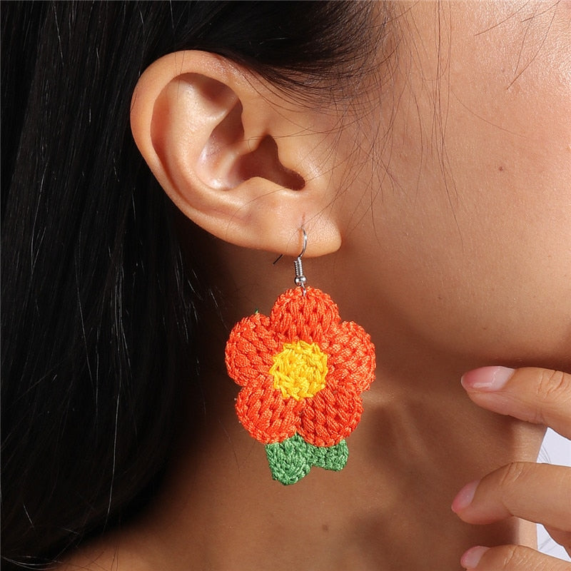 Knitted Red Yellow Flower Drop Earrings Women Charms Earring Fashion Creative