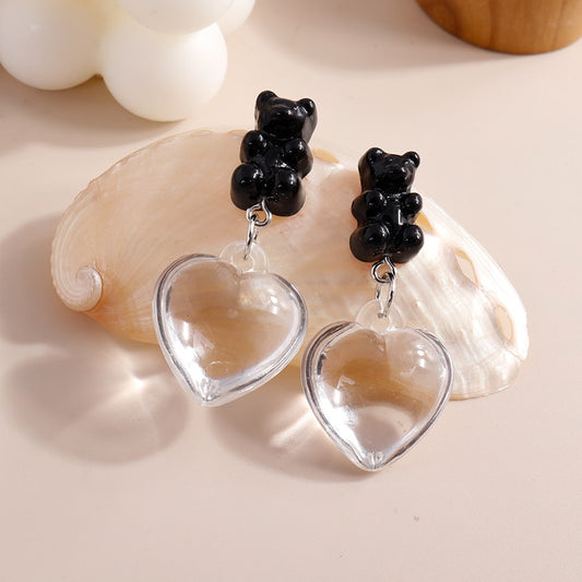 Black Bear Transparent Heart Drop Earrings Women Creativity Jewelry Cute Earring