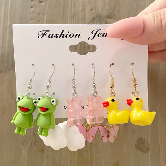 5 Pairs Cartoon Cute Animal Drop Earrings Fashion Women Summer Party Jewelry