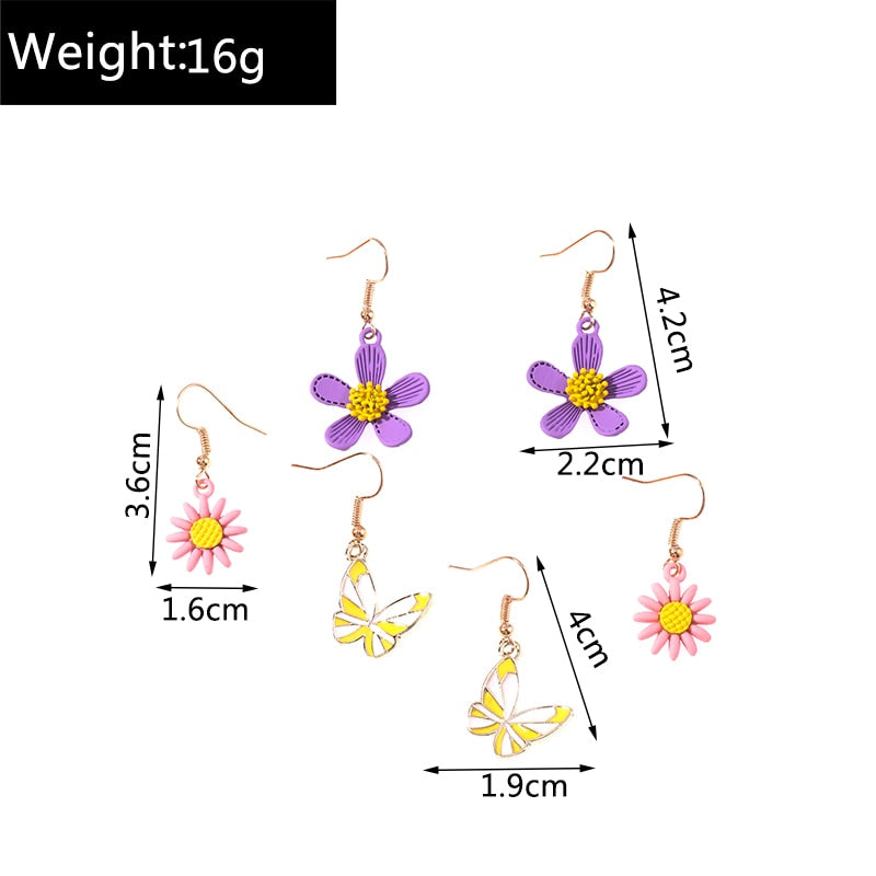 3 Pairs Purple Pink Flower Butterfly Dangle Earrings for Girls Women Birthday