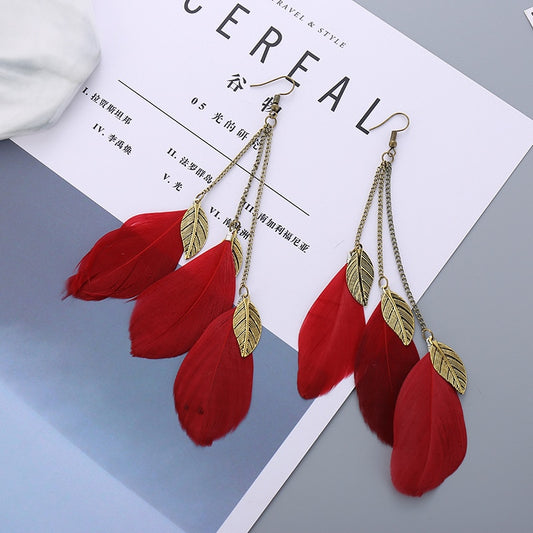 Red Feathers Dangle Earrings for Fashion Stylish Jewelry Drop Earrings