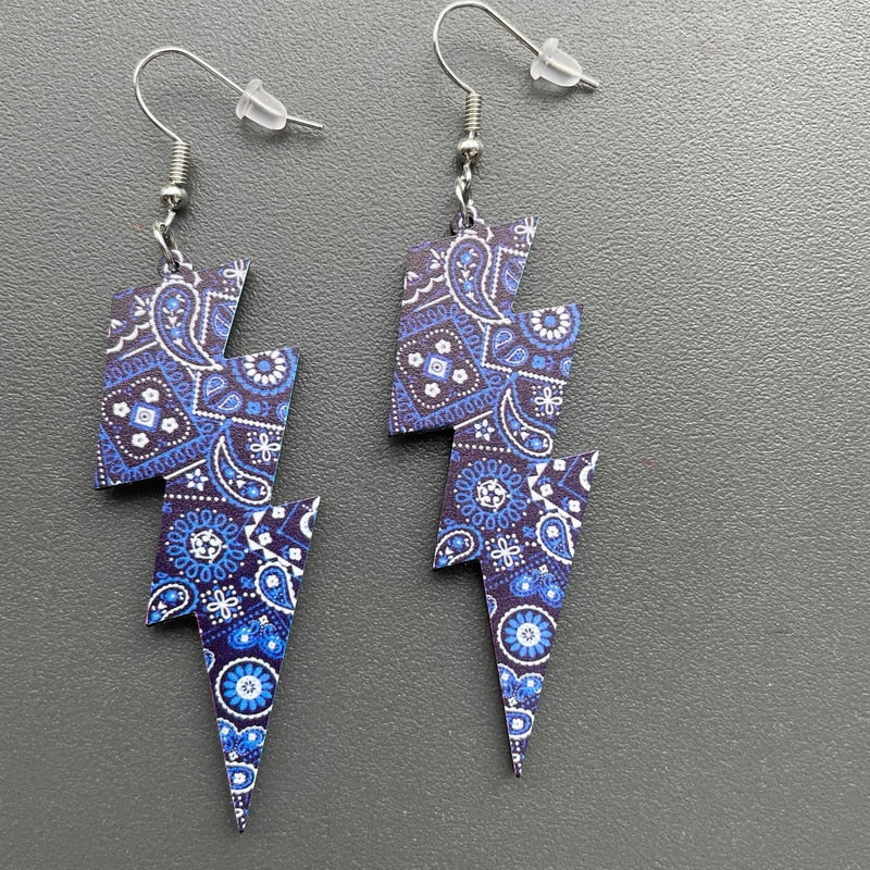 Blue Bandanna Big Lightning Dangle Earrings Women Girl Fashion Trendy Jewelry