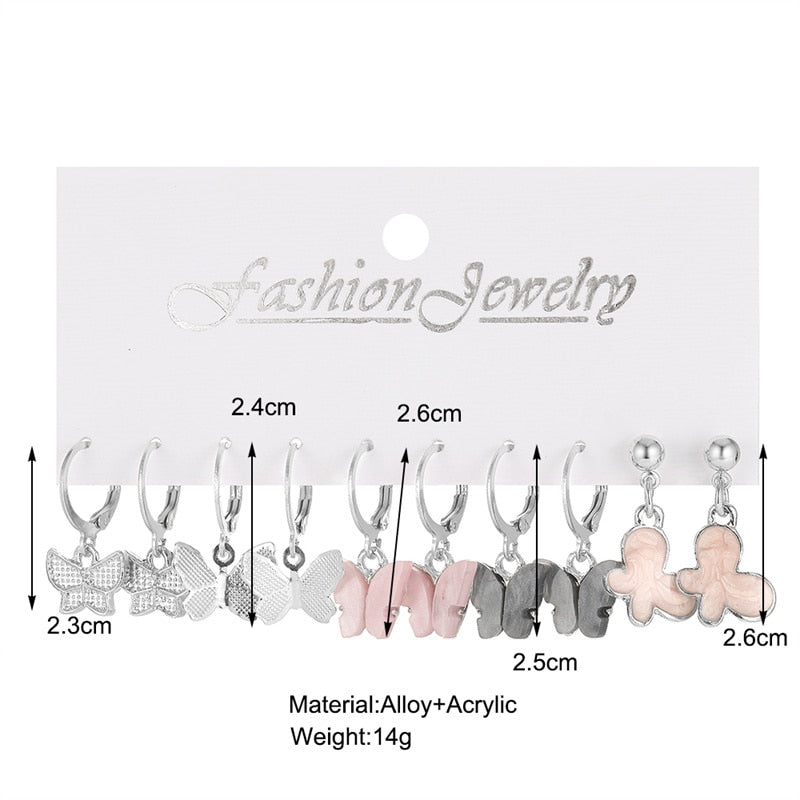 13 Styles 5-6 Pairs Set Heart Butterfly Dangle Earrings for Girls Women Birthday