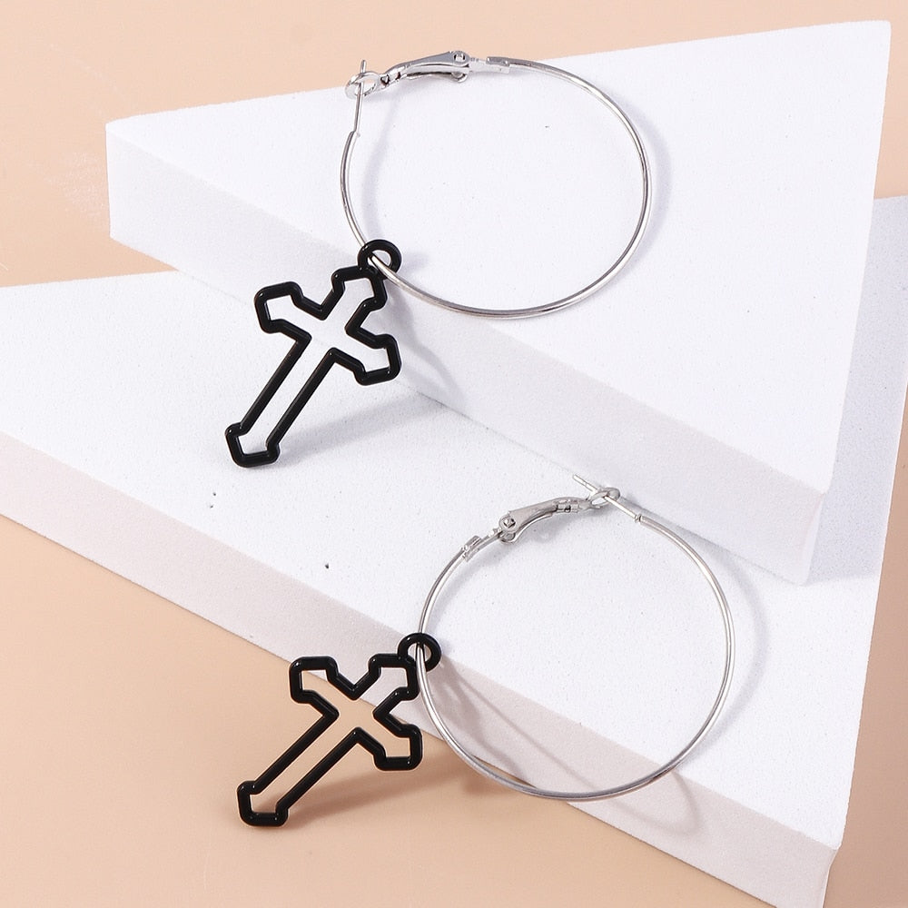 Hollow Black-colored Cross Drop Earrings Women Creativity Jewelry Cute Earring