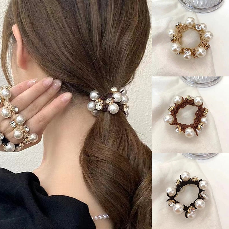 1Pcs 3 Colors Women's Pearl Hair Rope Hair Ring Ball Head Ponytail Rubber Band