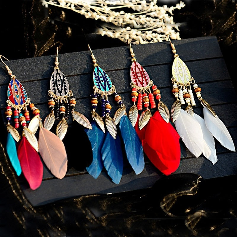 54 Styles Bohemian Long Feathers Tassel Dangle Earrings for Fashion Stylish