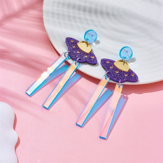 Spaceship Purple Drop Earrings Female Travel Cartoon Earrings Creative Art