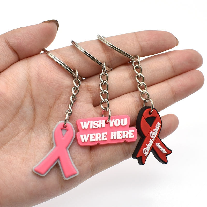 20 Styles Cartoon Breast Cancer Salon PVC Keychain Pink Ribbon Keyring Keychain