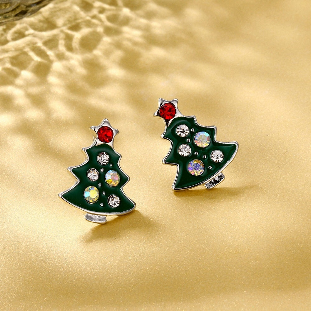 12 Styles Christmas Snowflake Elk Stud Earrings Cute Women Mini Zircon Ear