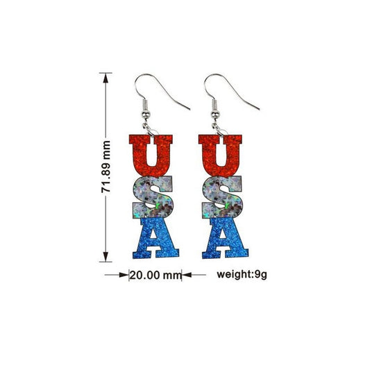 Glitter Red Blue Tone USA Independent Day Dangle Earrings for Girls Women