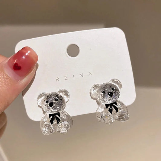 Clear Cute Bear Earrings Stud Women Girls Fashion Cute Accessory Jewelry