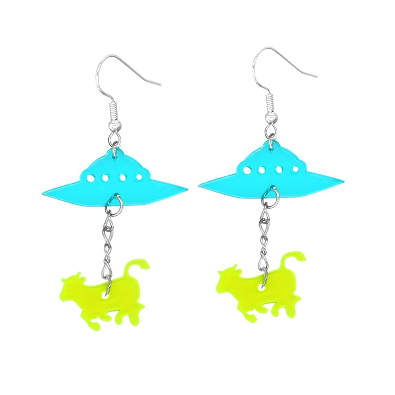 Blue Spaceship Drop Earrings Women Creativity Jewelry Cute Earring Girls Gift