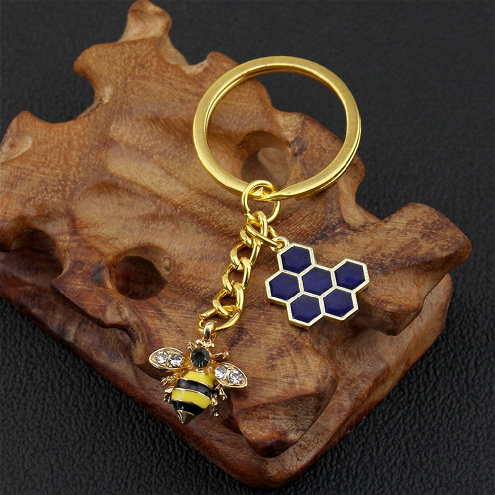 6 Styles Alloy Drip Oil Rhinestone Bee Keychain Hexagon Honeycomb Charms Key