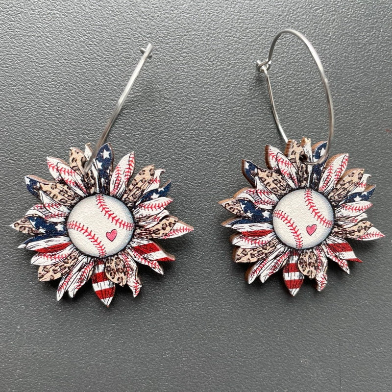 Wooden Baseball Patriotic Flower Dangle Earrings for Girls Women Birthday Gift