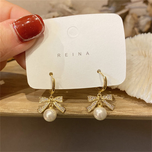 Bow Hanging Imitation Pearl Stud Earring Charm Woman Wedding Elegant Romantic