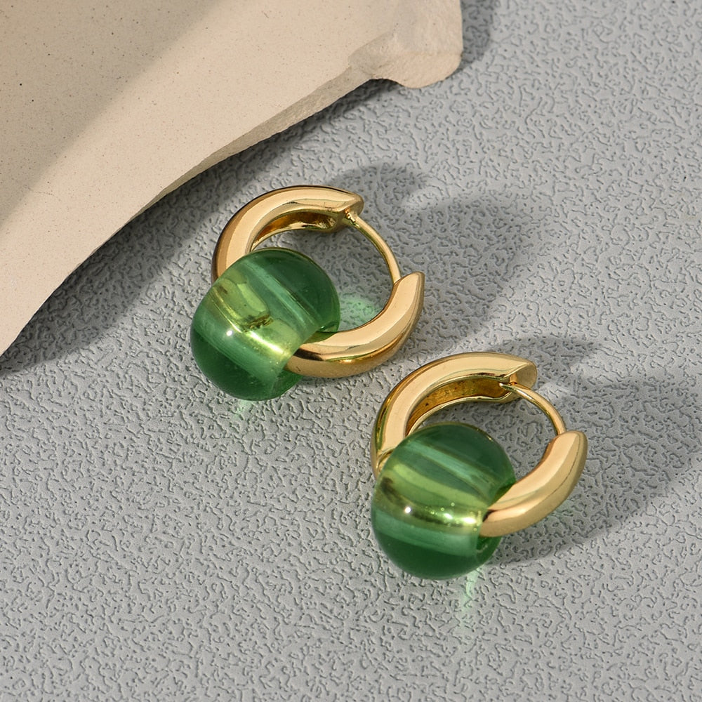 Green Glass Bead Hoop Earrings Women Girl Party Gift Fashion Ear Jewelry