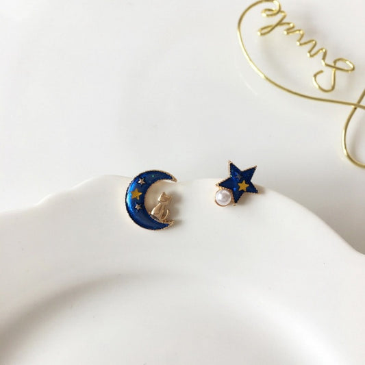 Navy Blue Moon Star Stud Earrings Women Party Wedding Jewelry Creative Gifts
