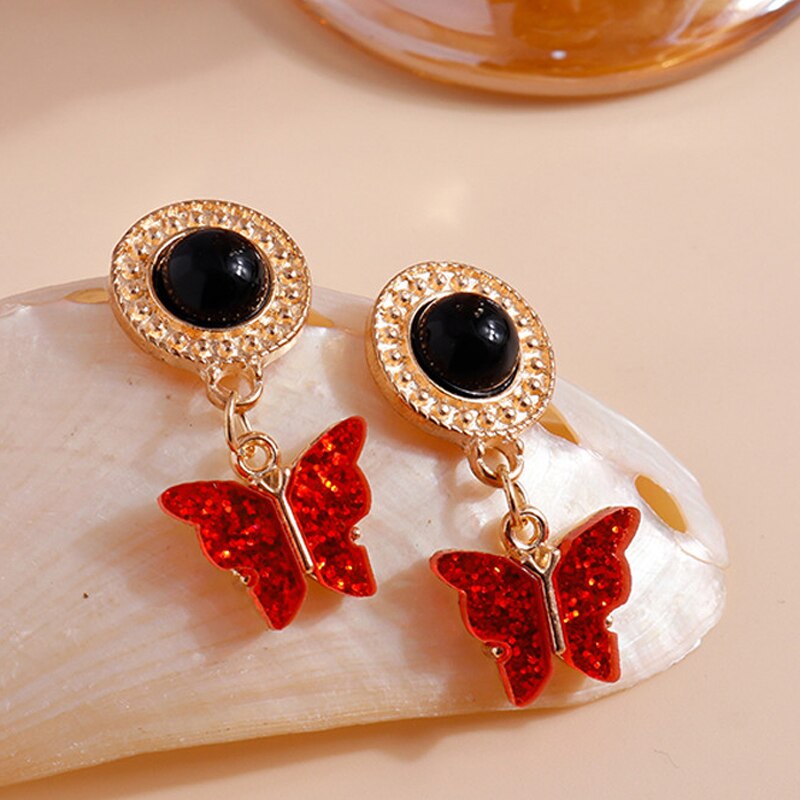 Red Glitter Butterfly Drop Earrings Women Creativity Jewelry Cute Earring Girls