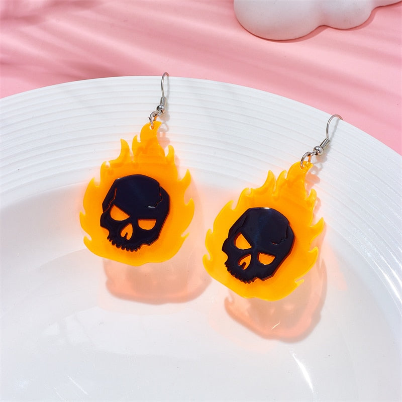 Skull Fire Drop Earrings Female Travel Cartoon Earrings Creative Art Jewelry