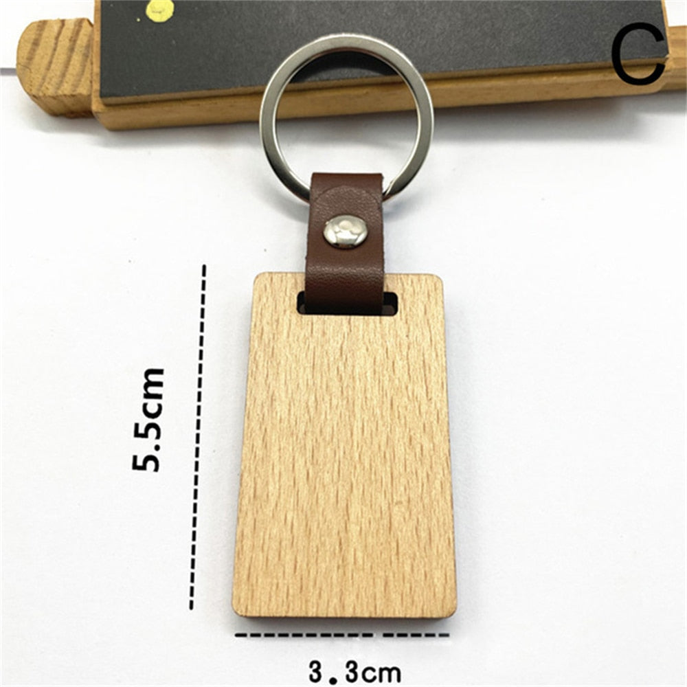 10 Styles Wooden Keychain Geometric House Car Shape Leather Wood Keyring Bag