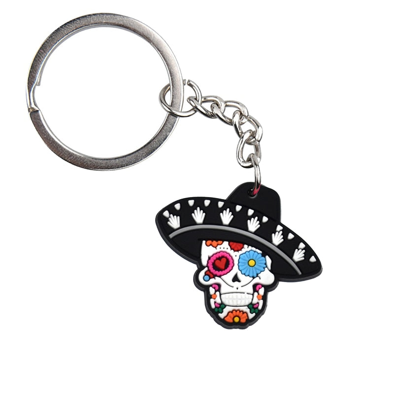 Combrero Skull Mexican Day Of The Dead Keyring Cartoon Keychains Souvenir